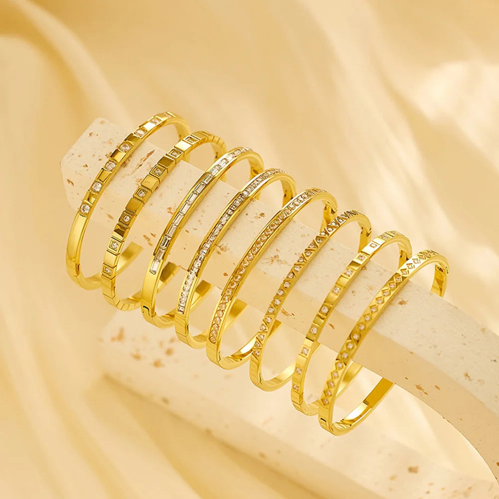 Couple Narrow Titanium for Bracelet with Korean Pattern Design Zircon Inlay Gold Plated Steel Cuff Bangle for Anniversary