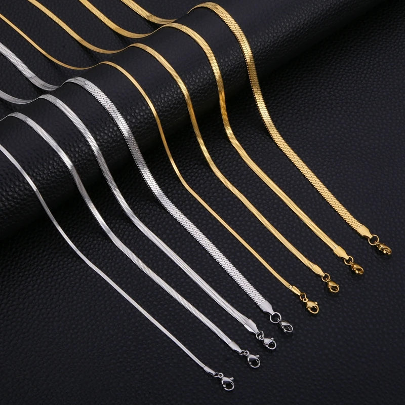 18K Gold & Stainless Steel Plated Herringbone Chain Necklace Flat Snake 3mm 4mm 5mm 2mm Trendy Geometric Style for Men Women