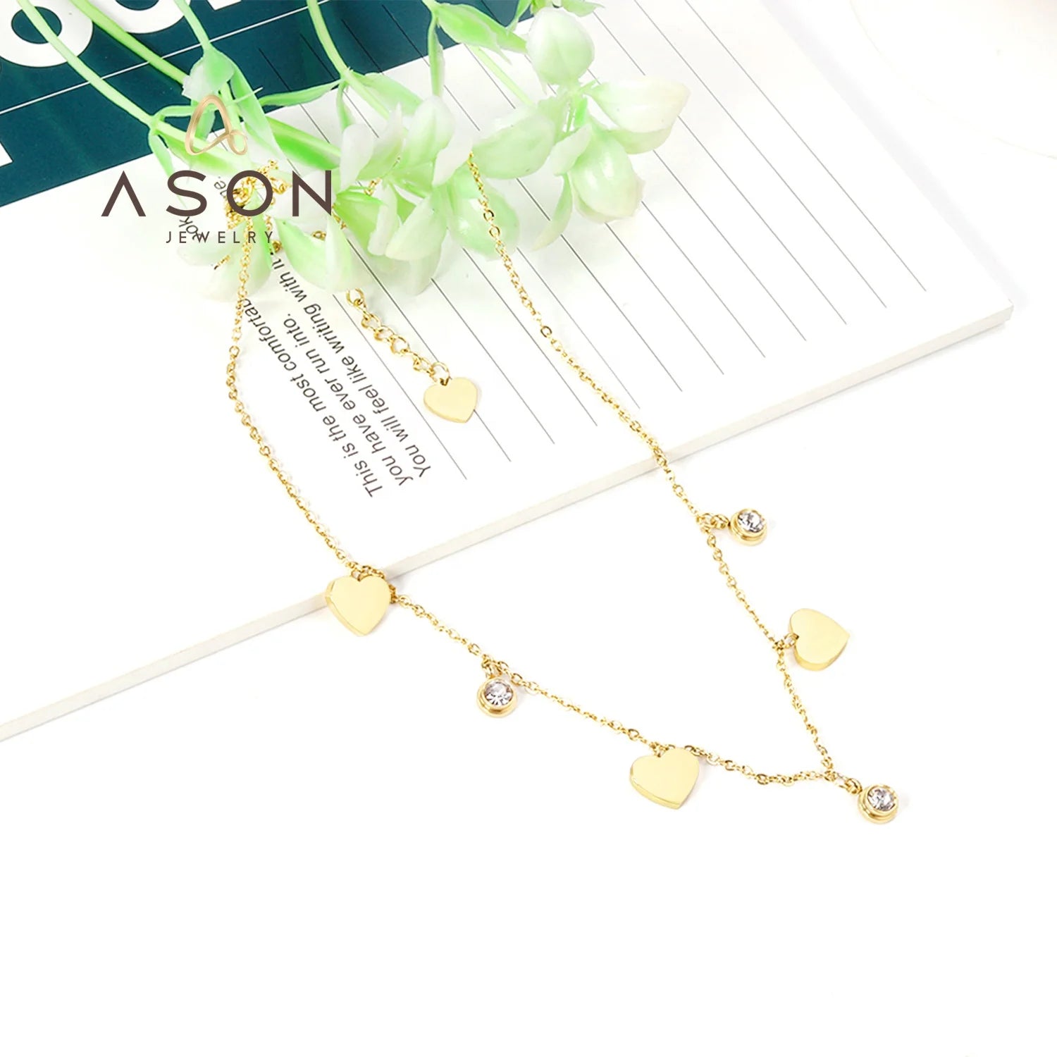 Ason Stainless Steel Ladies Thin Chain Pendant Girl Valentine Gift 18K Gold Plated Zirconia love Heart Long Necklaces for Women