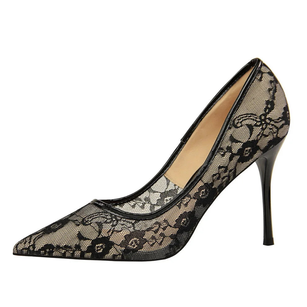 New Ladies Fine Feel High Heels Lace Hollow Flower Pattern Women's Shoes a Variety of Colours Pointed Shallow Mouth Ladies High