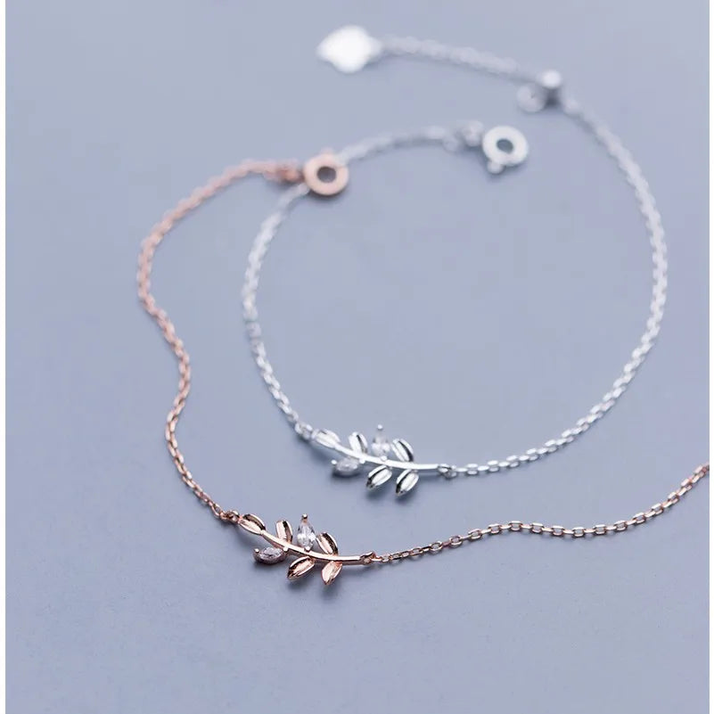 Zircon Tree Branch Leaf Shape Adjustable Rose Gold Plated Chain 925 Sterling Silver Charm Bracelets Fashion Jewelry for Women