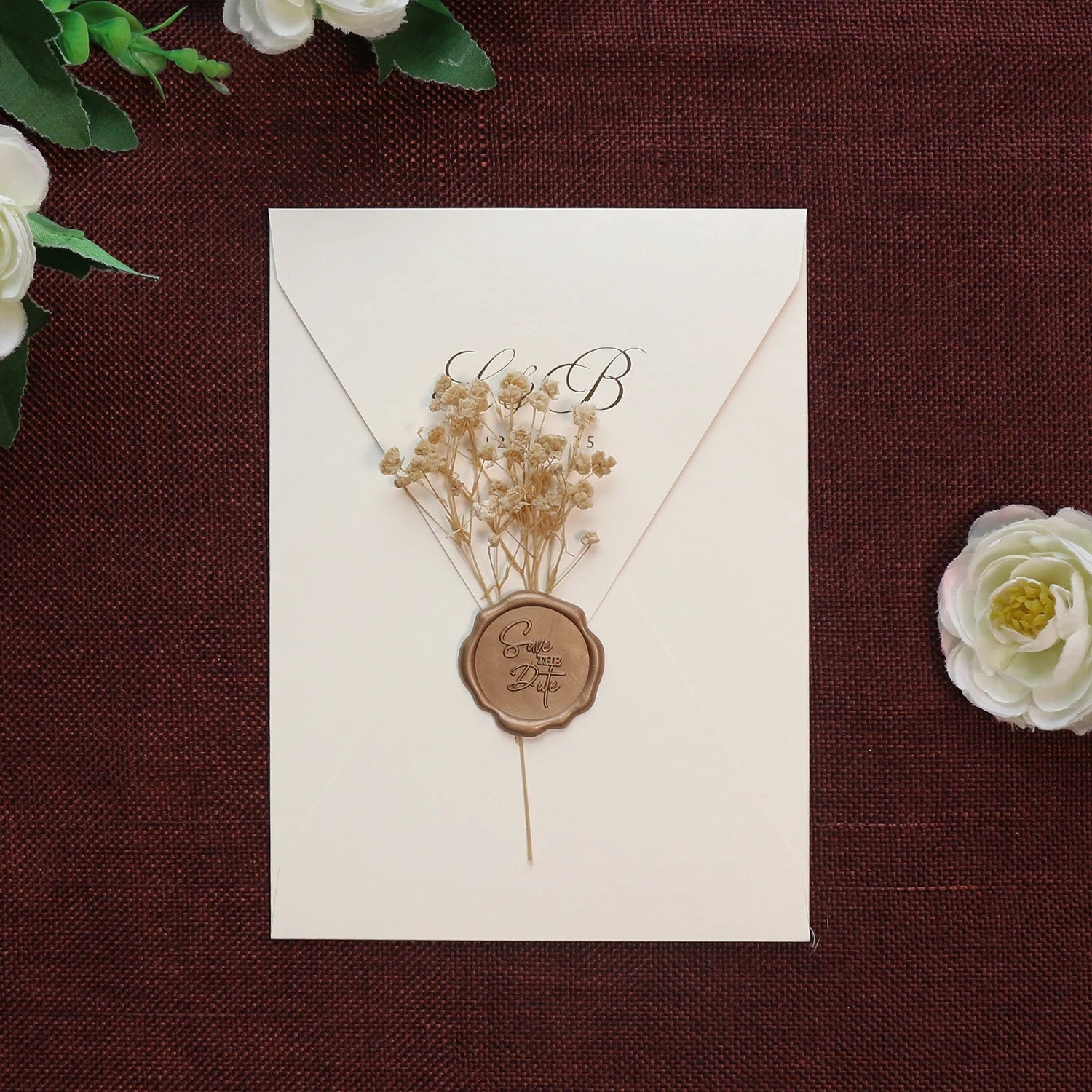 Elegant Custom Ivory White Envelope With Wax Seal and Dried Flowers Decoration for Wedding Event