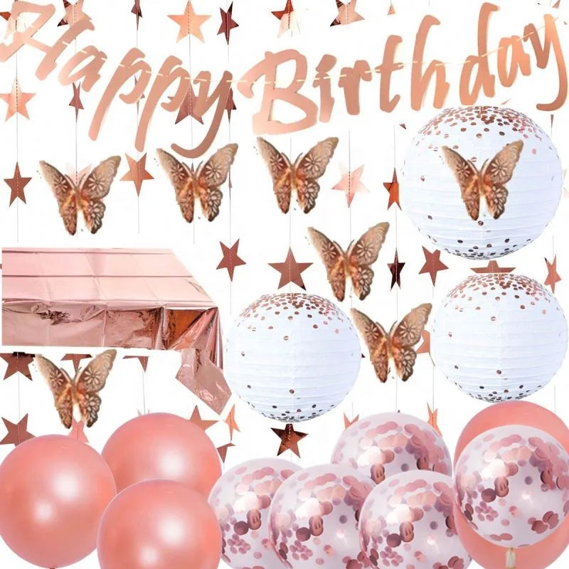 Rose Gold Happy  Birthday Banner Paper Lanterns Butterfly Star Garland Table Cover Balloons Birthday Decorations Supplies  X1099