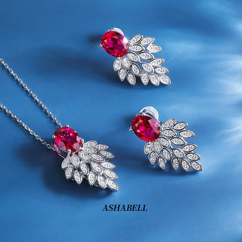 Luxury 925 Sterling Silver Goldfish Shape Red Bridal Jewelry Set 5A Zircon Earring Necklace Set