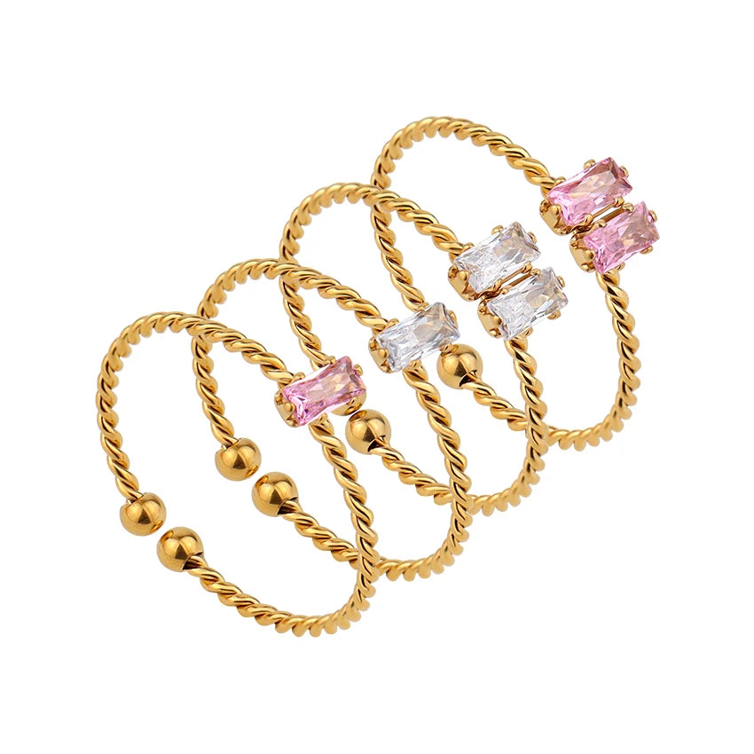 Popular 18k Gold Plated Cubic Zirconia Stacking Ring Waterproof Stainless Steel Rectangle Zircon Pave Twisted Band Open Ring