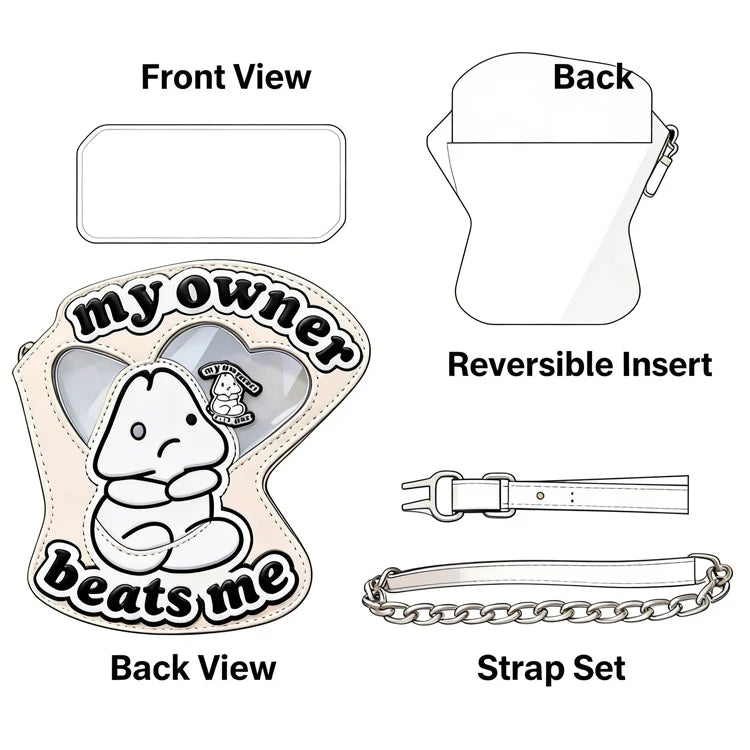 Custom logo Ita Bag White Cartoon Shaped Tote Bag with Dual Clear Windows for Pins Display Funny Meme Design Fashion Lovers