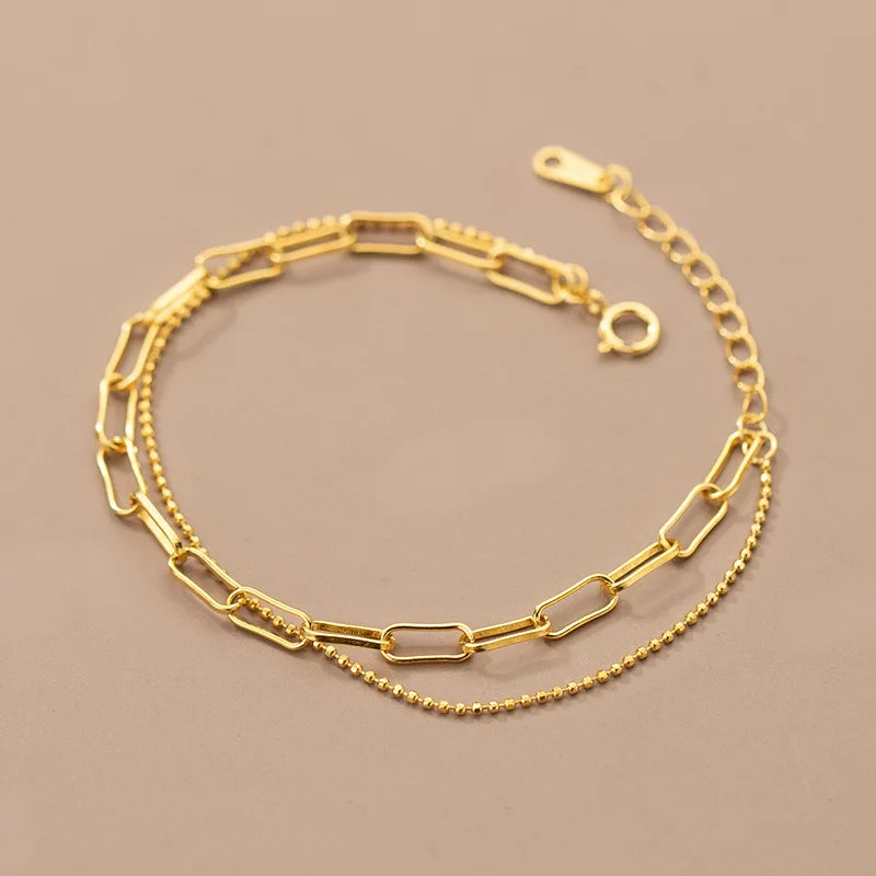 Trendy Jewelry 925 Sterling Silver 18k Gold Plated Double Layer Chain Bracelets Paper Clip Chain Bracelet for Women