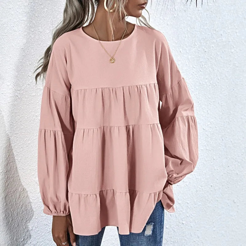 Women's Spring Collection Loose Fit Long Sleeve Button Tops Solid Color T-Shirt Pullover with O-Neck Lantern Sleeves Sweet Style