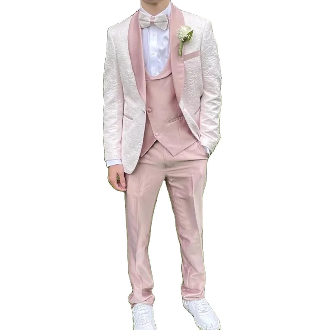 Stylish Jacquard Suits for Men 3 Pieces One Button Blazer Tuxedos Suit Set Prom Party Homecoming Student Clothes Coat+Vest+Pant