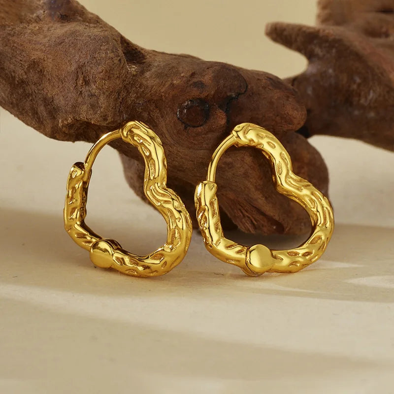 Aimgal Customizable Logo Fine Jewelry Heart Hoop Earrings 18k Gold-Plated 925 Silver Retro Lava Texture for Gifts