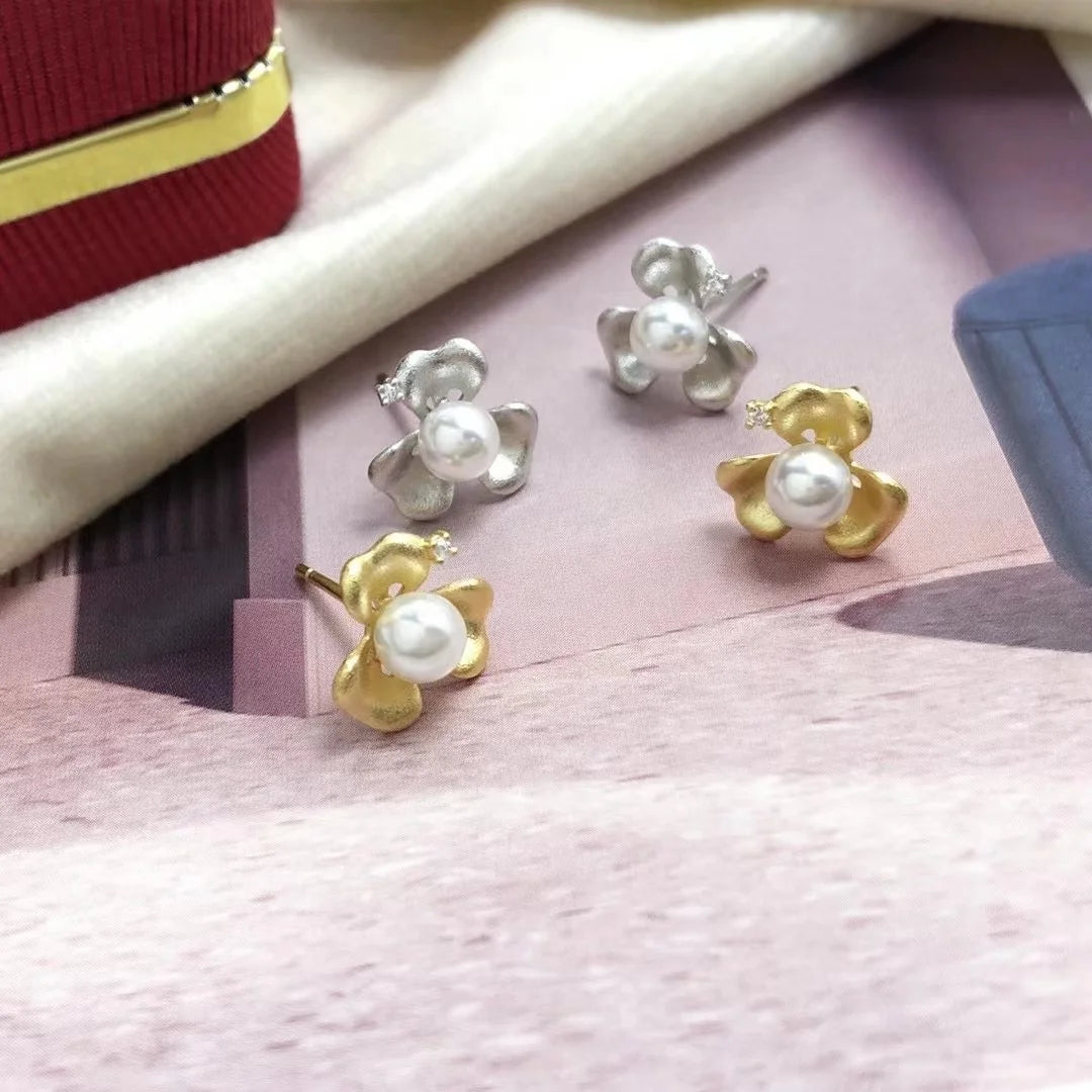 E1511 5-6mm DIY Natural Freshwater Pearl Charm Earrings Mounting Accessory 925 Sterling Silver Gold Plated  Jewelry for Women