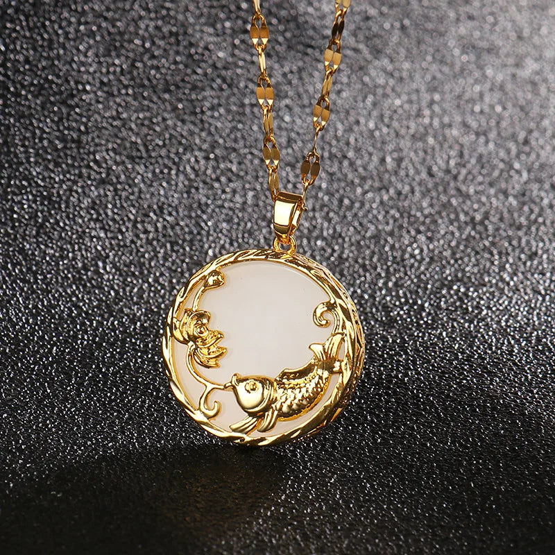 DAIHE 18K Gold Plated Stainless Steel Chain Necklace Chinese Style Jewelry Round Green White Gemstone Jade Necklace