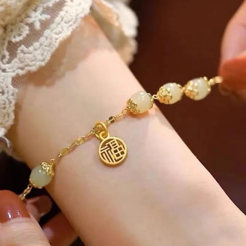 China Wholesale Gold Plated Kanji Blessing Bracelet False Hetian Jade Charm Link Chain Blessing Bracelet Women Jewelry