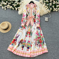 European and American Fashion Lace Patchwork Lapel Long-sleeved Dress Women's Print Pleated Skirt