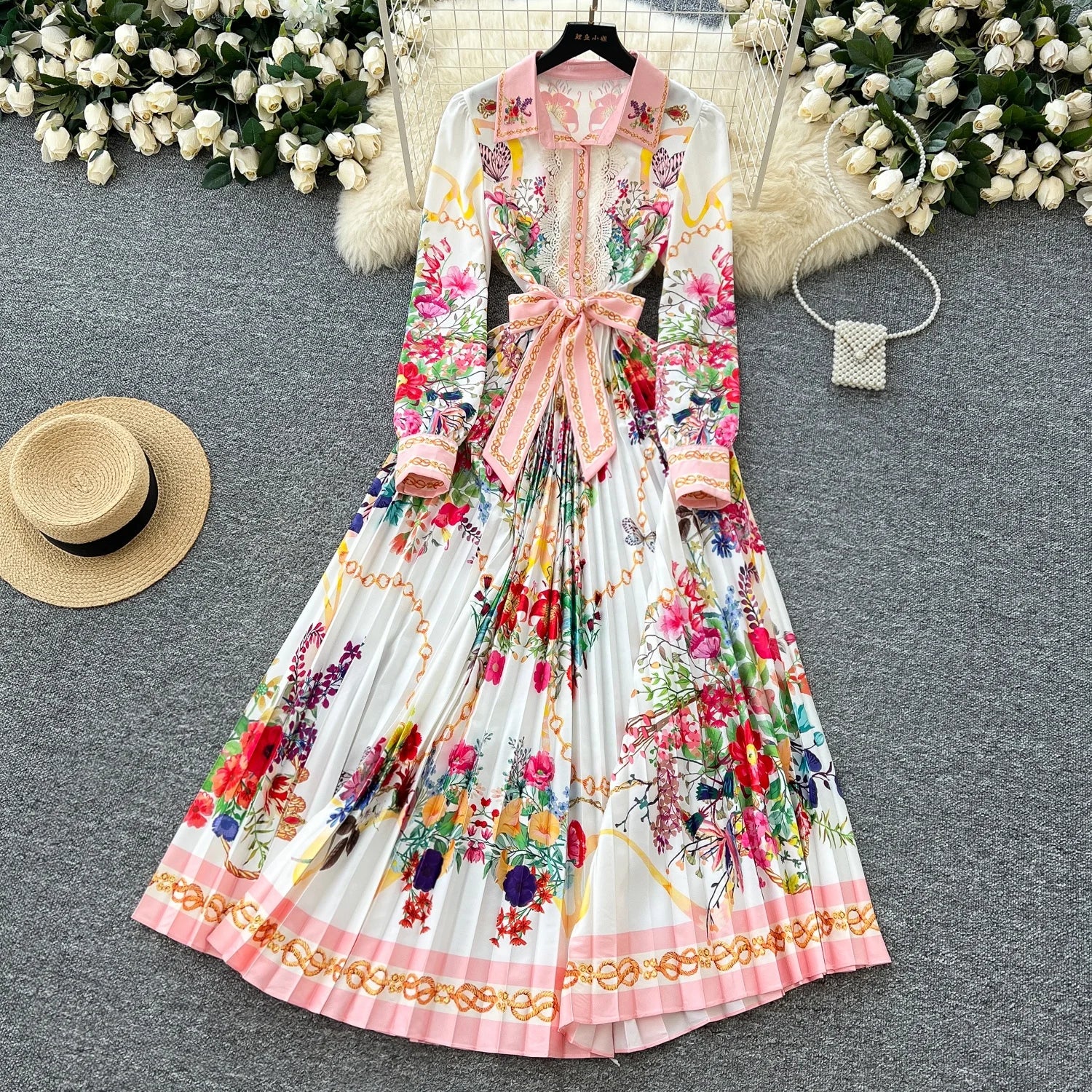 European and American Fashion Lace Patchwork Lapel Long-sleeved Dress Women's Print Pleated Skirt