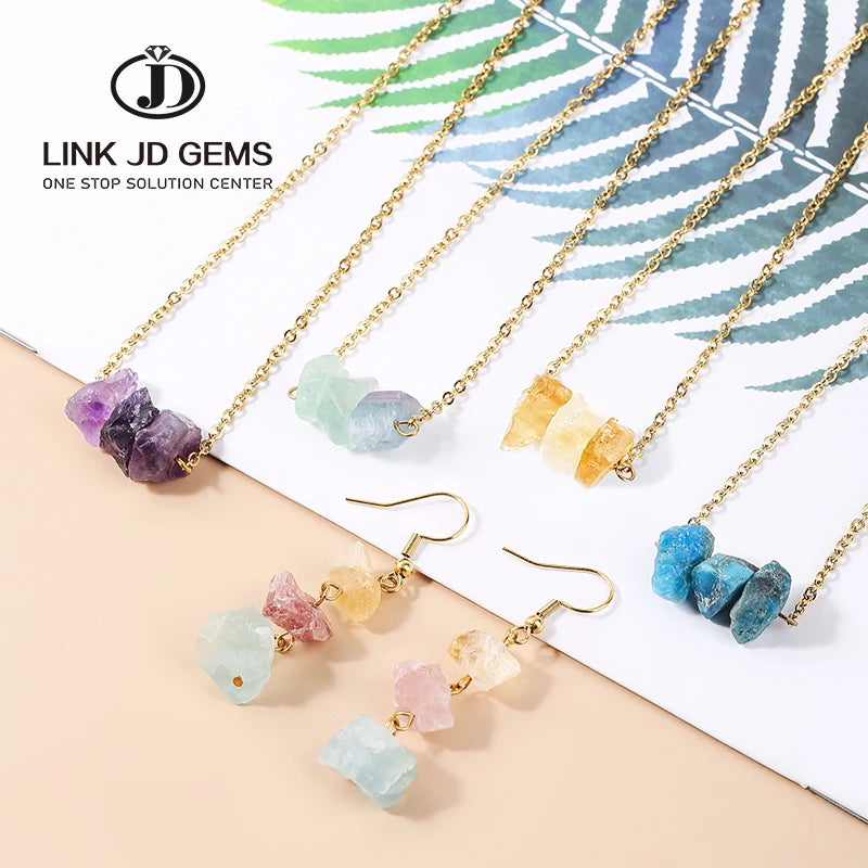 Natural Apatite Rough Stone Double Hole Necklace and Fluorite Chips Dangle Earrings for Girl Geometric Crystal Pendant Jewelry