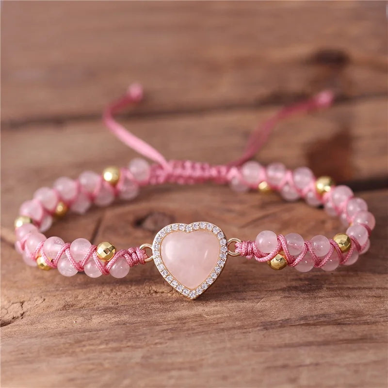 Boho Unisex Gold Gild Zircon Gemstone Heart Charm Beads Braided Bracelet Gypsy Stackable Healing Women Jewelry Wholesale