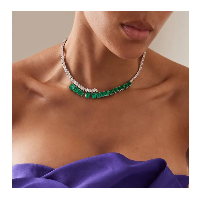 Fashion Square Gemstone Necklace European and American Shiny Color Crystal Necklace Accessories Necklace