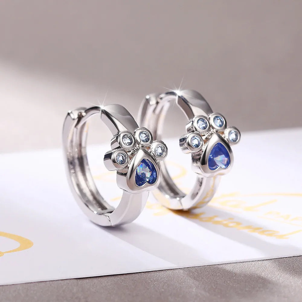 Huitan 2023 Hot Sale Simple Blue Crystal CZ Zirconia Paw Earrings for Girls Cute Silver Plated Cat Claw Shape Hoop Earrings