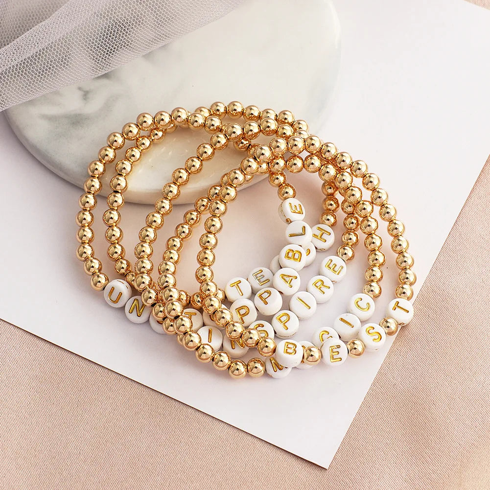 Brass Copper Beads 18k Gold Plated Elastic Stretchy Design Acrylic Letter Beads Charms Braided Bracelet Jewelry Women