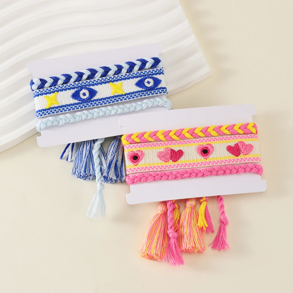 Fashion Lucky Evil Blue Eye Woven Bracelet Set Charms Flower Embroidery Friendship Handmade Tassel Bracelets for Women