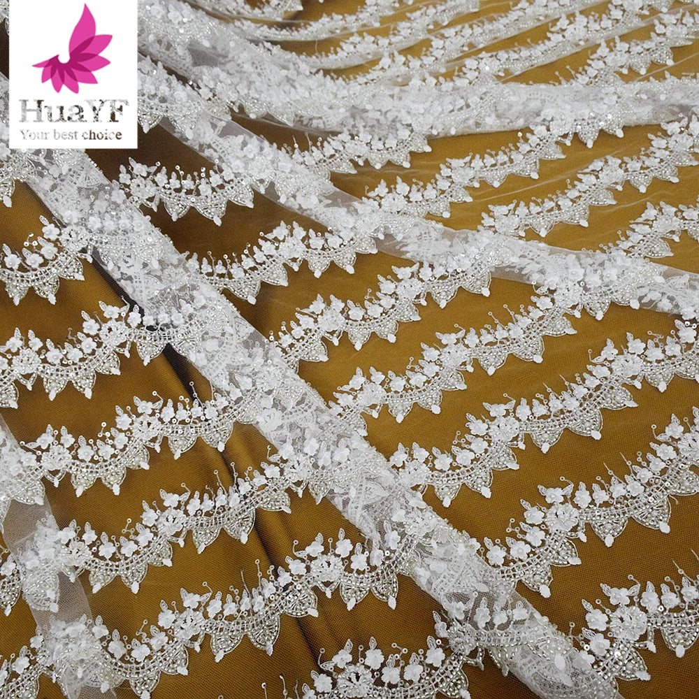 HY2619 White Sparkle Bridal Beaded Fabric Sequins Laces for Wedding Bridal Dress Fabric