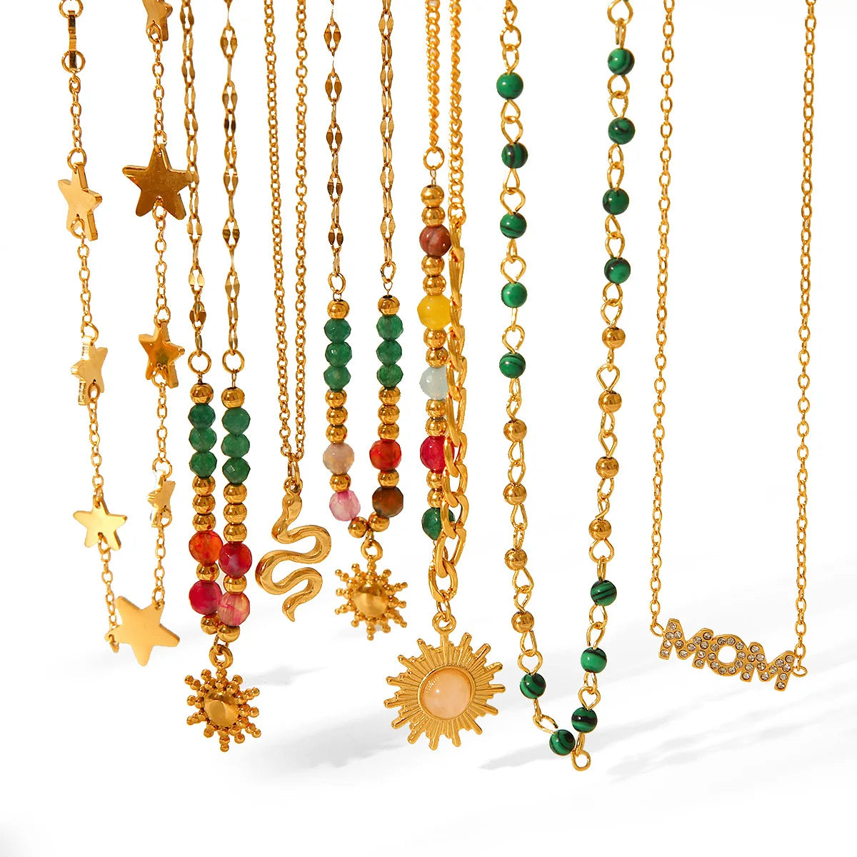 Women's Trendy 18K Gold Plated Stainless Steel Sun Star Pendant Necklace New Natural Stone Beaded Perfect Gift