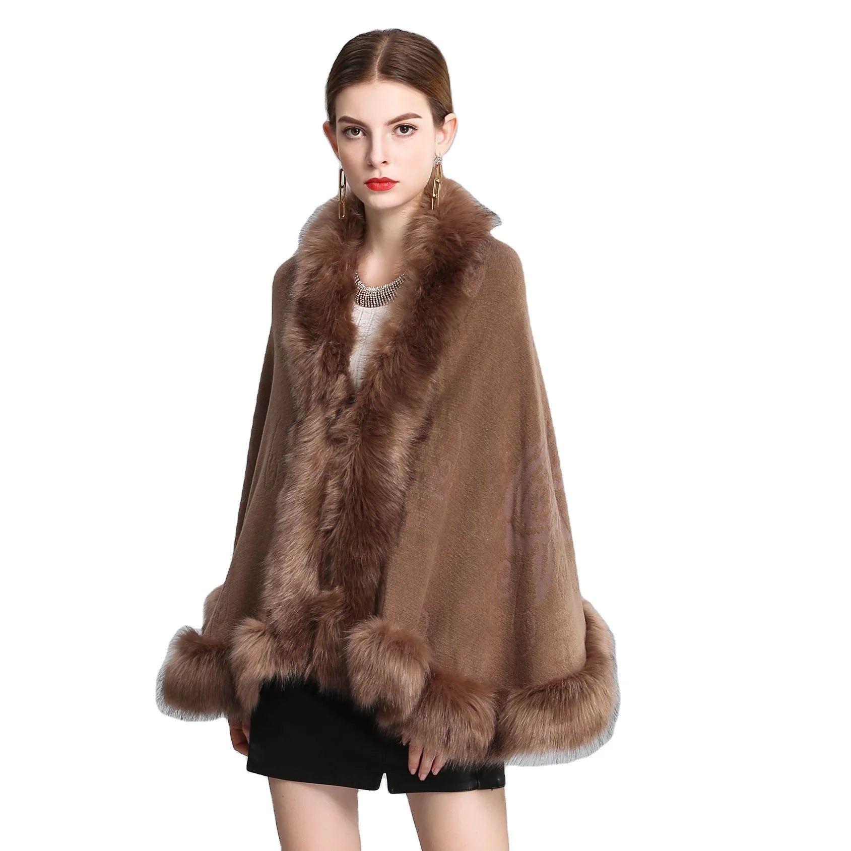 New Winter Women Faux Fur Cape Outdoor Warm Poncho Jacket Coat Knitted Cardigan Loose Emboss Shawls