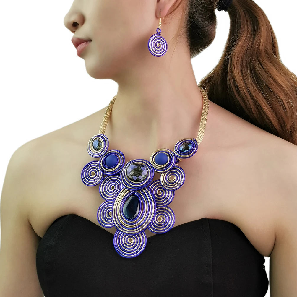 High-end Fashion Design Bohemian Aluminium Wire Crystal Resin Beads Collar Necklace Spiral Drop Earring Ethnic Statement Jewelry Set