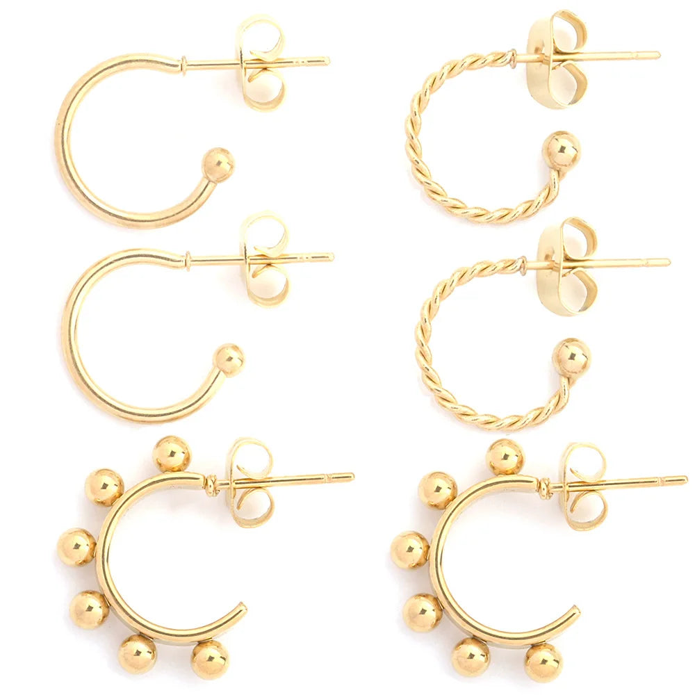 Fashion 18k Gold  No Tarnish Stainless Steel Patterned Smooth Welded Needle Bead Twist C-shaped Earrings for Jewelry Accessories