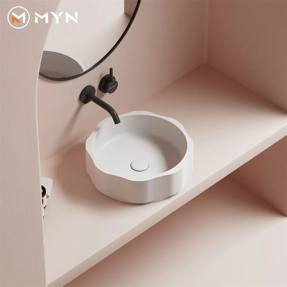 Wholesale NetFlix EBay Trend Round Modern Color of Macaron White Bathroom Solid Surface Artificial Stone Sink