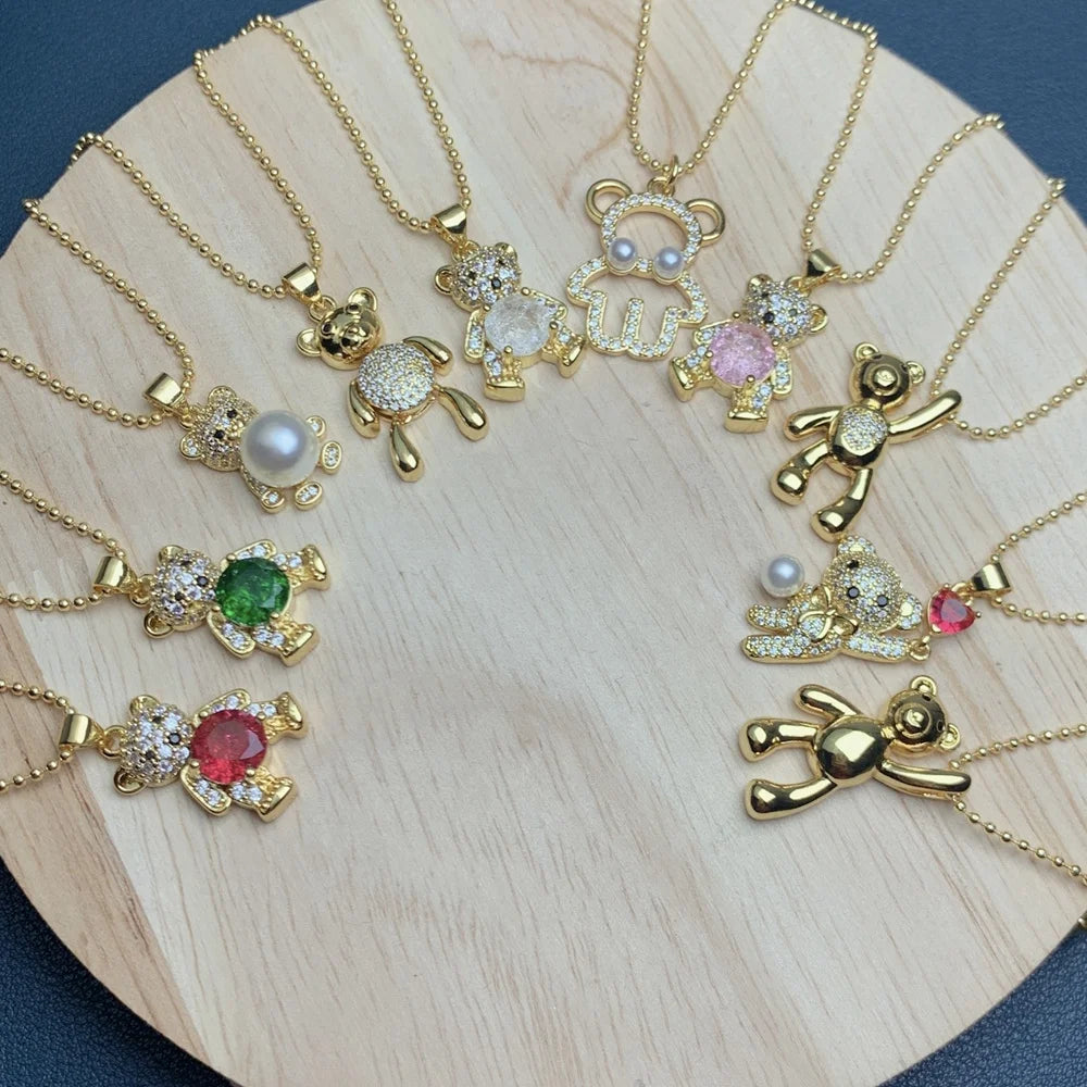 Shiny Zircon Cute Bear Pendant Necklaces for Women Girls Charm Choker Accessories Gifts for Friends Jewelry