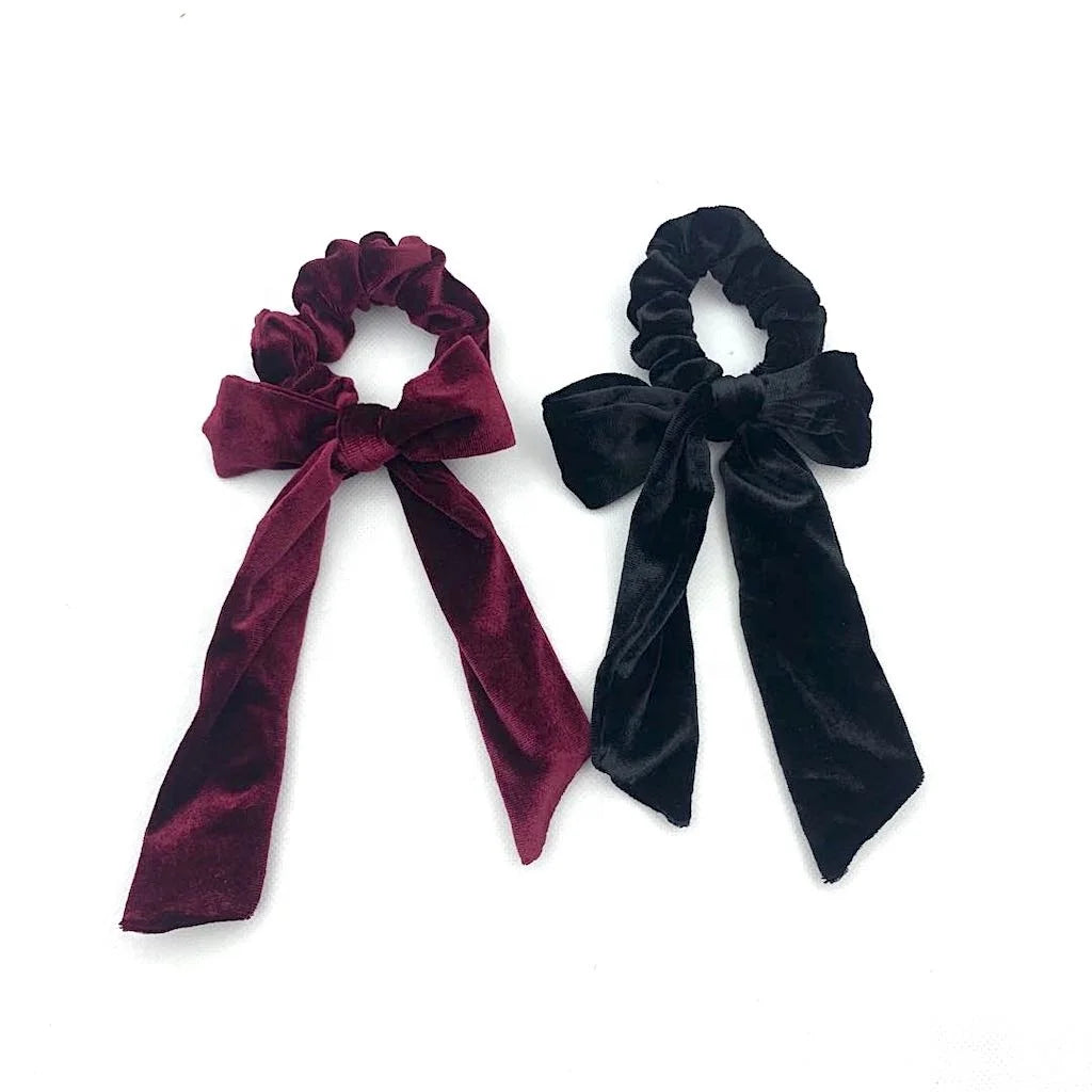 Wholesale European Style Winter Red Velvet Round Shape Hair Ring Elastic Polyester Scruncies with Bowknot Crunchies Ties in Bulk