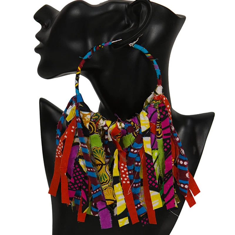 Fashion African Print Ankara Fabric Tassel Earrings Handmade Broken Floral Cloth Big Circle Hoop Earrings Jewelry for Girl
