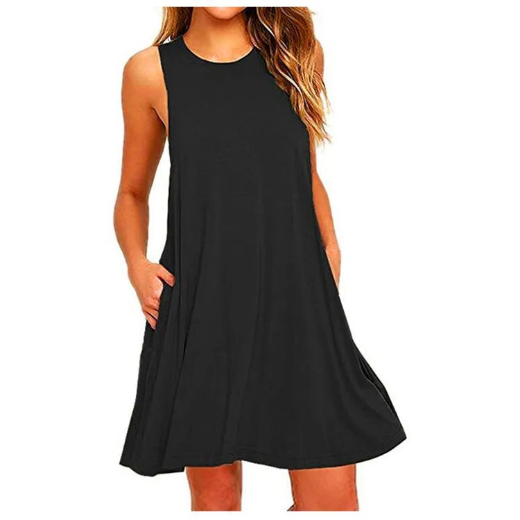 New 2024 Comfortable Women's Plain Summer O Neck Sleeveless Casual Solid Pockets T Shirt Dress Swing Dress Vestidos