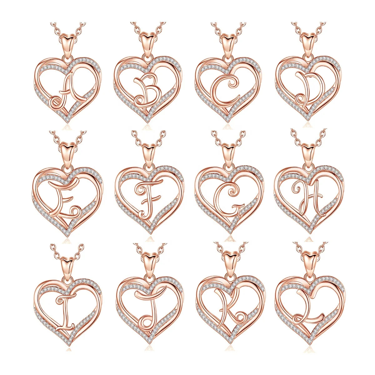 Rose Gold Plated Jewelry Heart Shaped Initial Alphabet Cubic Zirconia Letter Pendant Necklace