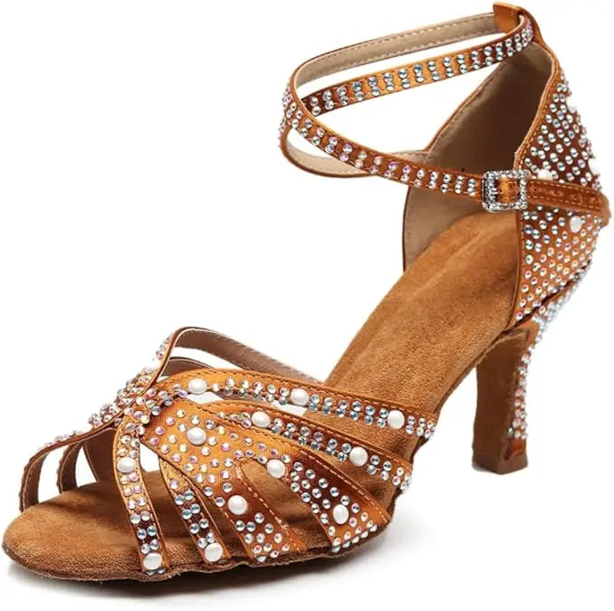 Brown Rhinestone Ballroom Dance Shoes Salsa Latin Bachata Performance Dancing Shoes