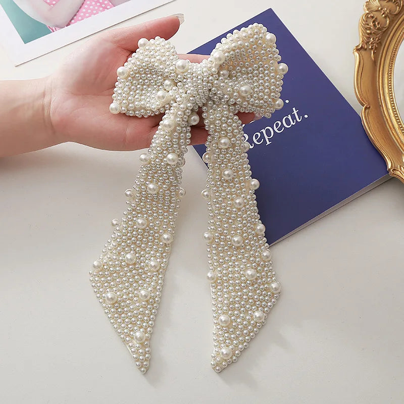 Q&Y Luxury Pearl Beaded Bow Headdress Hair Clip Handmade Wedding Bridal Sweet Elegant Girl Pearls Streamer Hair Clips Wholesale