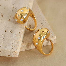 Ins Popular Chic Chunky Diamond Ring Stainless Steel Water Drop Open Cubic Zirconia Rings 18k Gold Plated Jewelry for Women