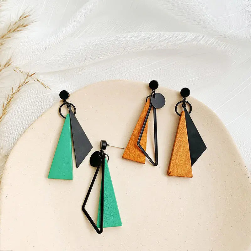 GT 925 Silver Needle Triangle Earrings Wooden Customized Retro Personality Creative Triangle Drop Earrings