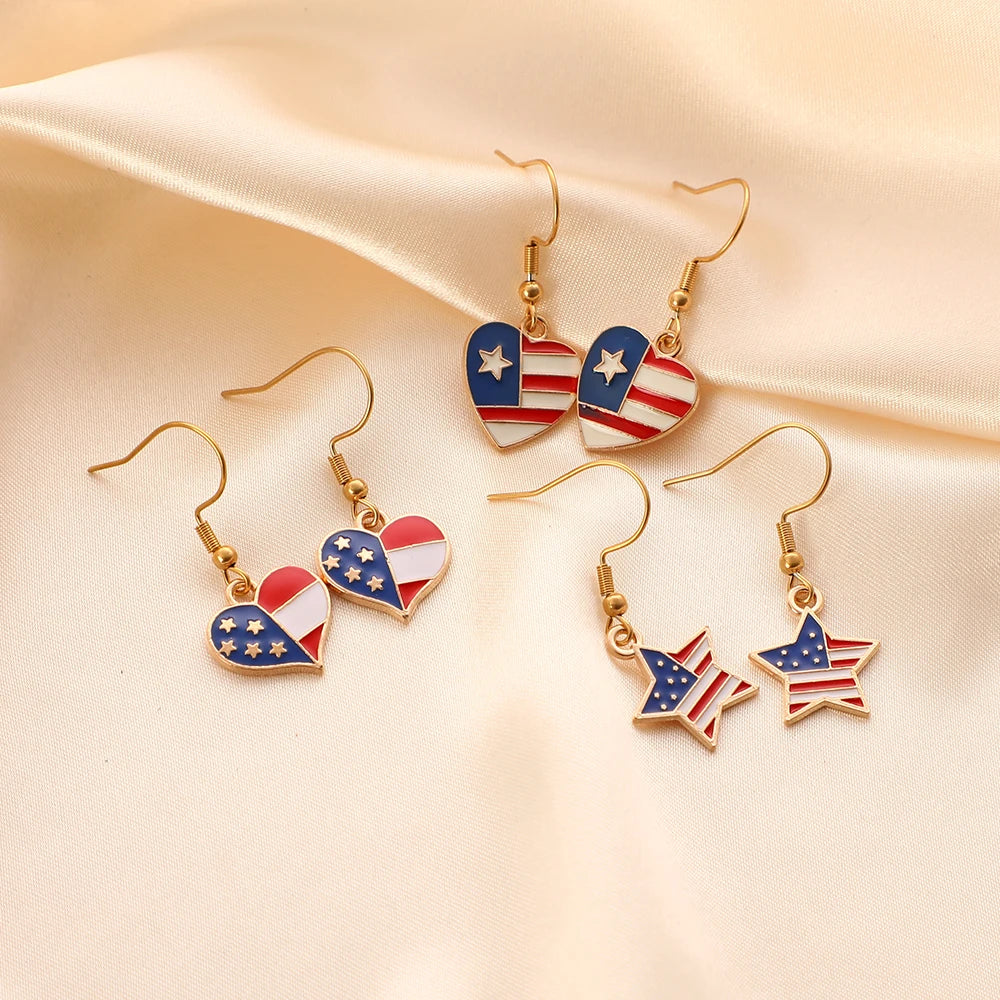 Stainless Steel Gold Filled American Map Stainless Steel Hollow Circle Earrings American Flag Love Heart Star Stud Gold Earring