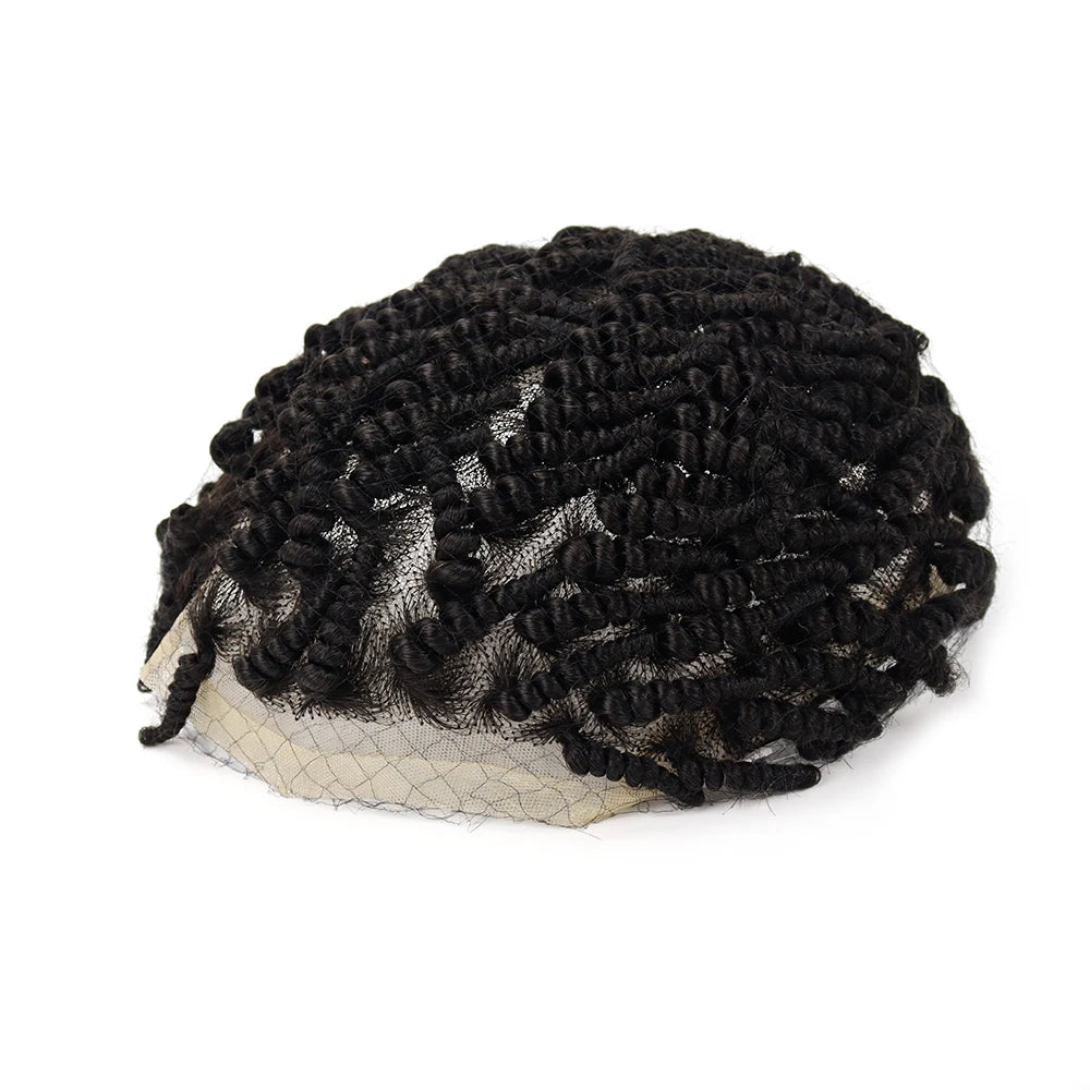 Afro Curly Full French Lace and PU Skin Natural Human Indian Hair Crotchet Curl Toupee Hair Replacement System for Black Man