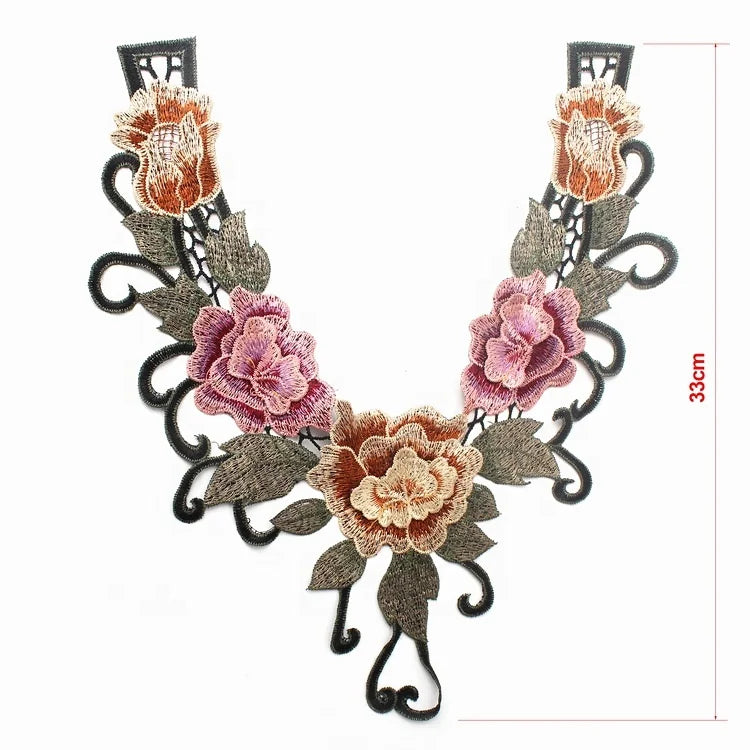 Free Sample Embroidery Services Fashion Design Custom Flowers Embroidered Neck Collar Lace Patches