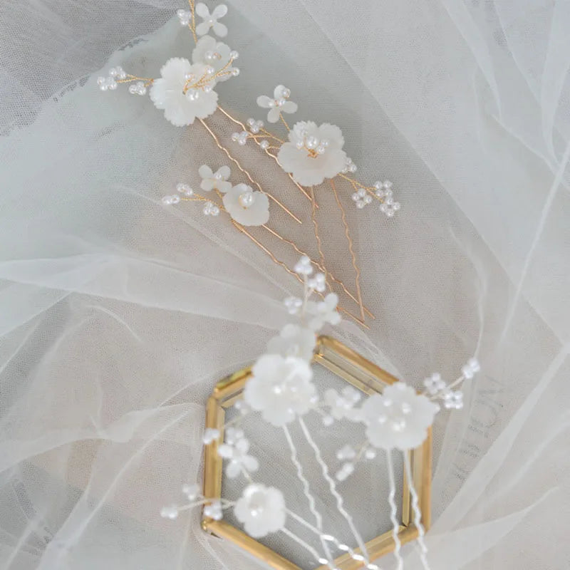 SLBRIDAL Handmade Ceramic Flower Pearls Bridal Hair Pin Wedding Hair Sticker Women Girls Bridesmaids Jewelry Hair Accessories
