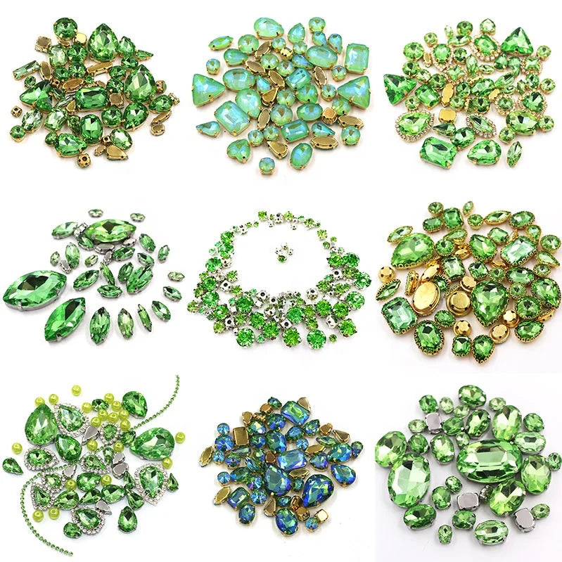 Hot Sale Light Green 3D Mixed Crystal Glass Loose Flatback Sew-on Rhinestones with Golden Claw for DIY Dress Sewing Crafting
