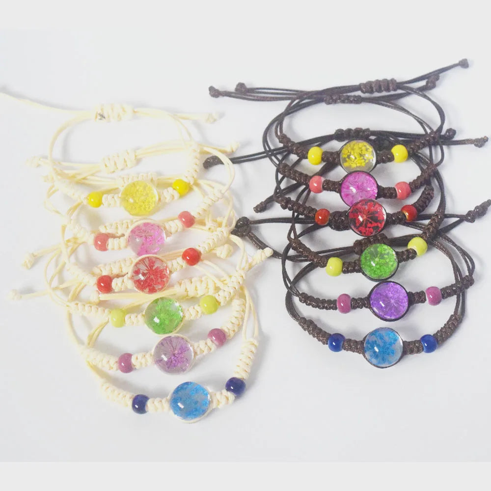 Handmadebrown  Wax Cord String Rope Braided Woven Glass Ball Bead Dried Flower Bracelet Jewelry