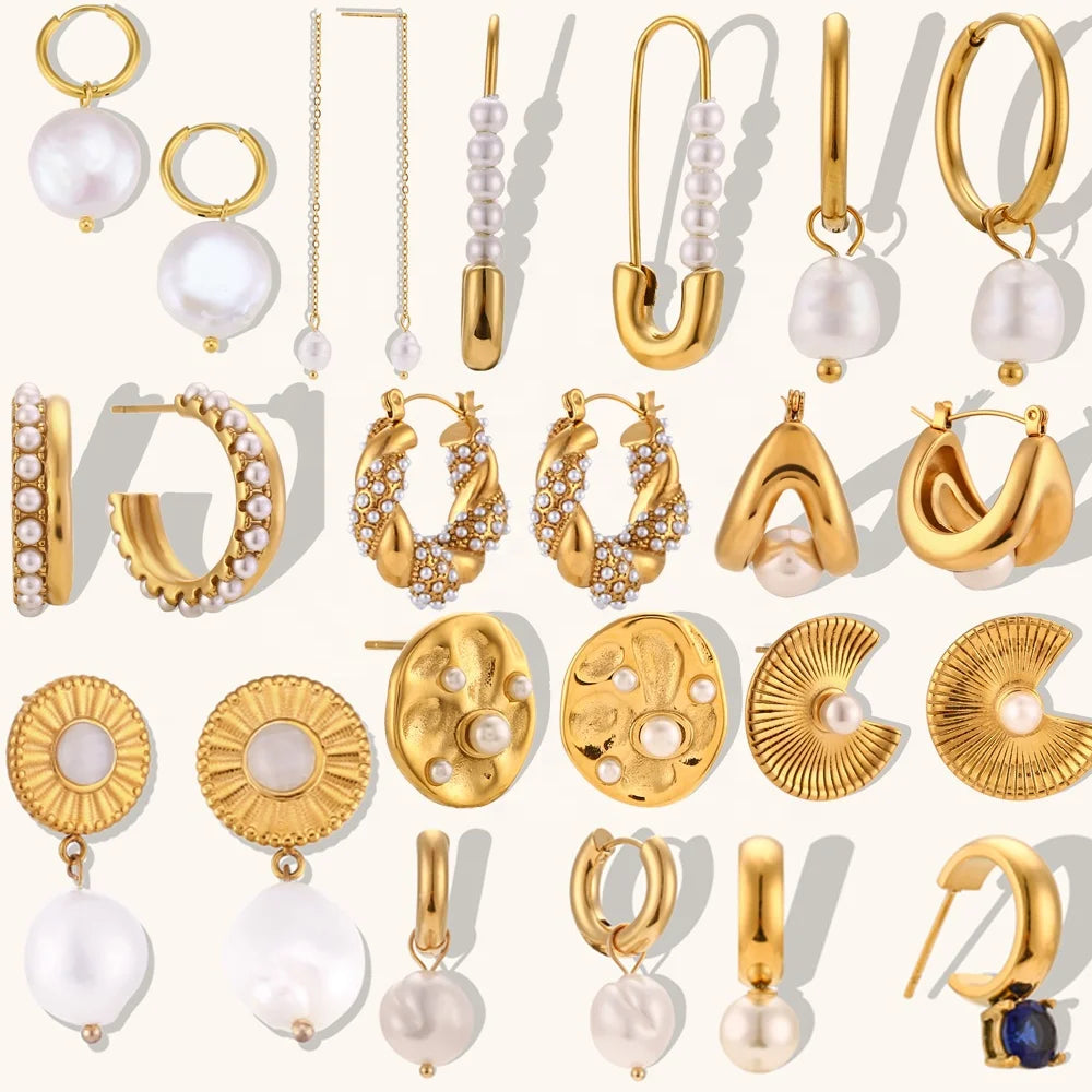 Ding Ran Fashion Design Jewelry Set Stainless Steel Gold Plated Freshwater Pearl Earrings for Women