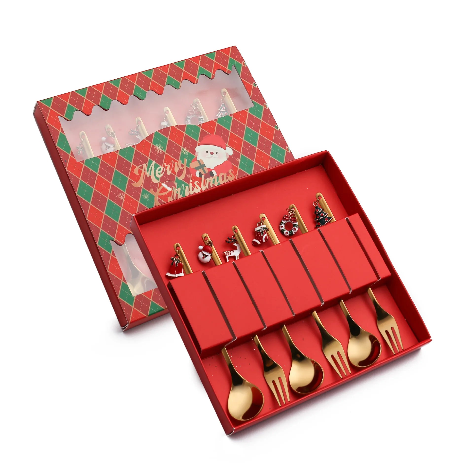 Luxury Gold Sliver Stainless Steel Christmas Dessert Forks and Coffee Mixing Spoon Set Flatware Gift Box Set