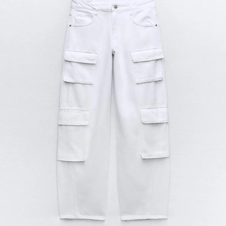 Wholesale Women Custom Mid Rise Belt Loop Distressed Leather Cargo Wide Legs Pants