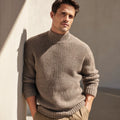 Men's Elegant Ribbed Mock Neck Wool Blend Sweater Oversized and Warm for Formal Occasions with Jacquard Decoration and Logo